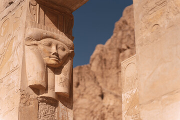 Hathor carving decorating temple of hatshepsut pillar at deir el bahari