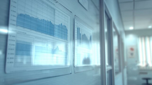 Medical data visualization on hospital wall with clinical charts and graphs under cold fluorescent lighting perfect for diagnostics, healthcare interfaces and hospital environments