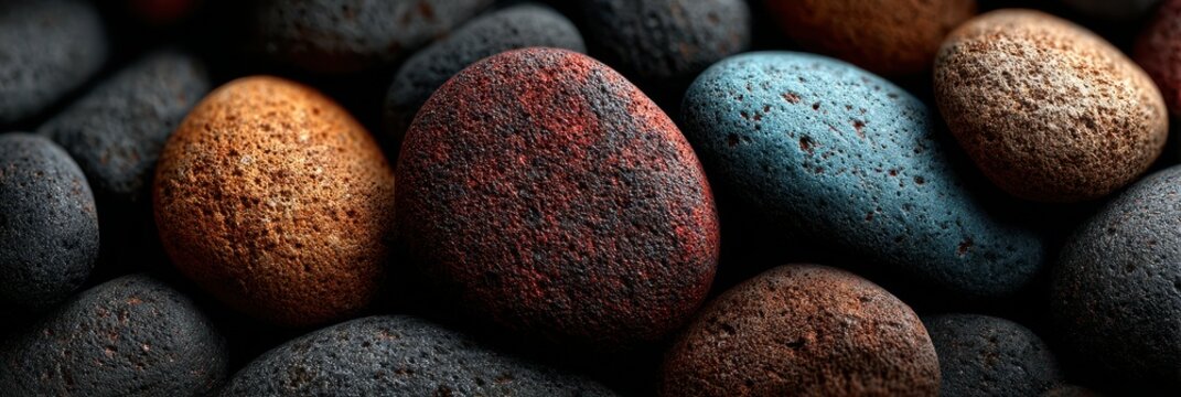 Colorful volcanic stones arranged in a natural pattern on a rocky surface near the beach