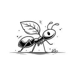 The icon depicts an ant carrying a leaf in a line style on a black and white background