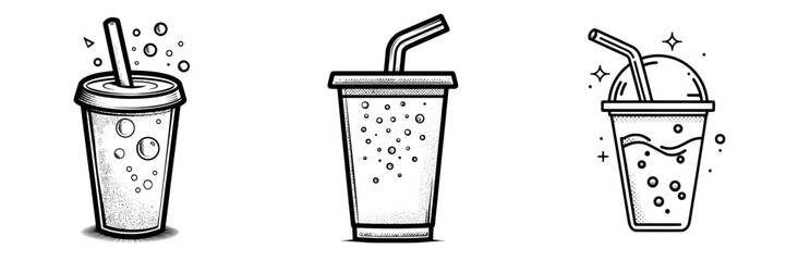 Icon of a black and white soda drink cup complete with straw and bubbles symbolizing a cold drink or fast food idea