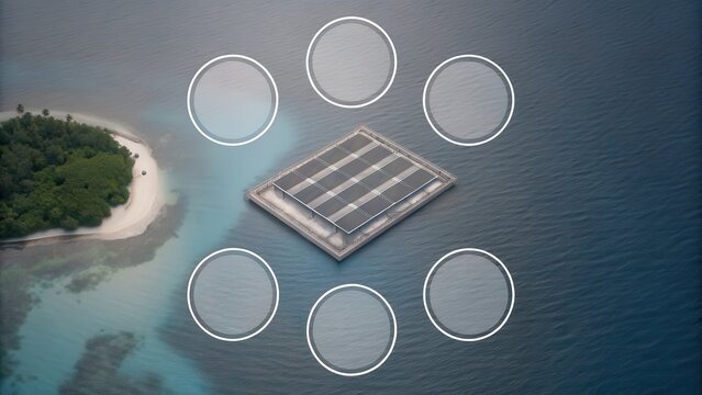 A floating solar panel array is surrounded by circular markers near a tropical island in clear blue water.
