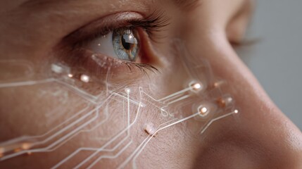 Futuristic medical interface visual projected on female face with light circuits symbolizing smart diagnostics, biometric scanning and digital healthcare innovation