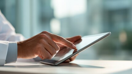 Close-up of a medical professional’s hand using a digital tablet in a bright modern clinic representing technology in healthcare, e-consulting and patient data access