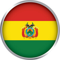 3D circular icon of Bolivia national flag with red, yellow, and green stripes and coat of arms in center

