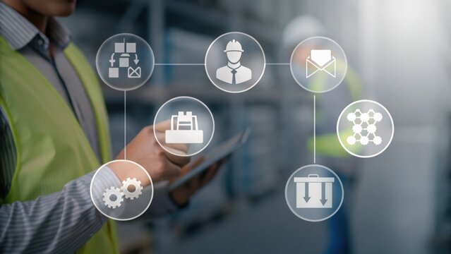 A worker uses a tablet in a warehouse, surrounded by supply chain management and logistics icons representing industrial workflow.
