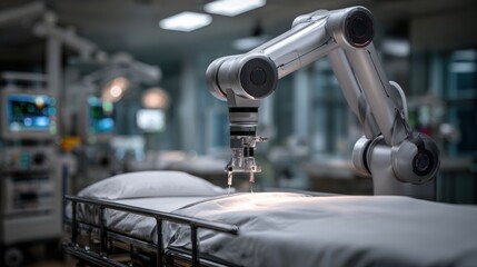 Fototapeta premium Surgical robotic arm over operating table in high-tech hospital room ideal for futuristic medical technology visuals, healthcare automation and clinical innovation content