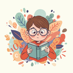 Boy with reading glasses reading an open textbook surrounded by plants  