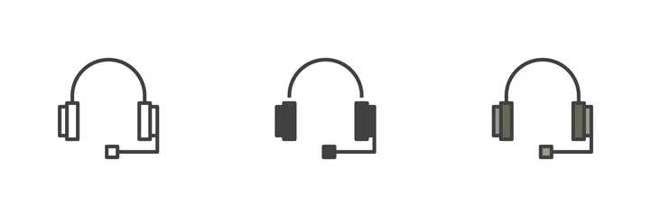 Headset icon set in line, solid and filled outline style