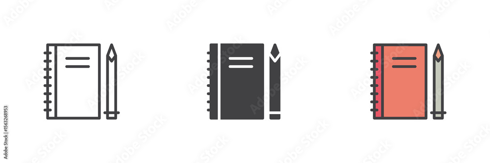 Poster notebook with pen icon set in line, solid and filled outline style