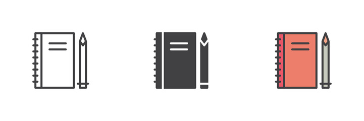 Notebook with pen icon set in line, solid and filled outline style