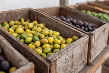 Rustic crates brimming with olives evoke Mediterranean harvest festivals, tantalizing taste of ancient feasts, culinary celebration essence