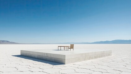 A square concrete platform, set amidst a vast white salt flat, holds a simple wooden table and chair, bathed in bright sunlight beneath a clear blue sky