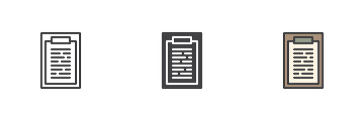 Clipboard document icon set in line, solid and filled outline style