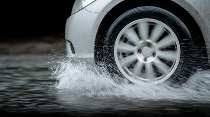 Sleek silver car wheel slicing through rain-soaked asphalt, evoking Monsoon festivals and kinetic energy in motion, urban drive