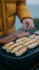 Grilled sausages sizzling under misty skies, capturing winter solstice charm, Nordic festivity, hearty comfort food vignette