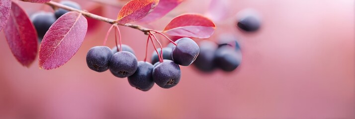 Elegant black chokeberries dangle amidst crimson leaves evoking Samhain's mystery and mother natures chromatic serenade