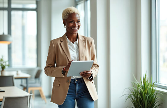 Smiling black woman in modern office uses tablet. Businesswoman wearing blazer, white shirt, blue jeans. Corporate style, successful female entrepreneur, professional, confident, happy with project,