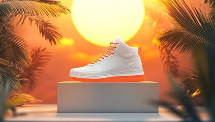 White high-top sneaker on podium, sunset backdrop, tropical palms