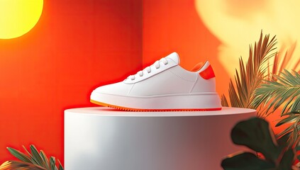 White sneaker on a white pedestal, vibrant orange backdrop, tropical foliage