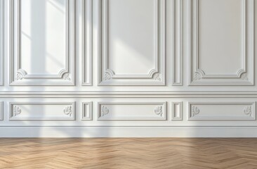 Fototapeta premium Elegant white wall paneling with intricate molding details illuminated by natural light over a herringbone wood floor in a classic interior setting.