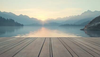Serene lake vista at dawn, tranquil wooden platform