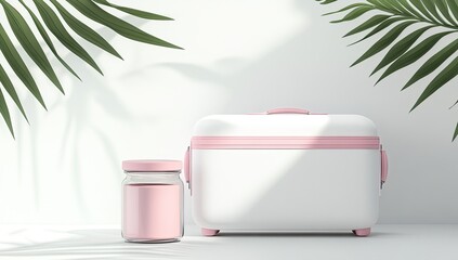 White cooler bag and pink jar on white background with palm fronds