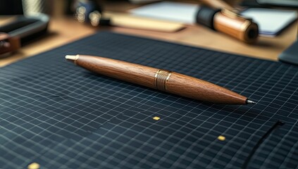 Close-up of a wooden pen on a dark grid mat