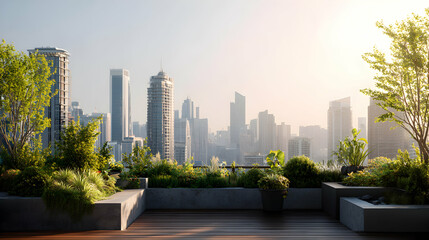 Obraz premium Urban oasis rooftop garden with lush greenery contrasting against city skyline buildings cityscape