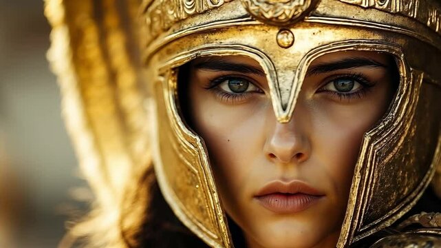 A woman wearing a golden helmet with a crown on her head