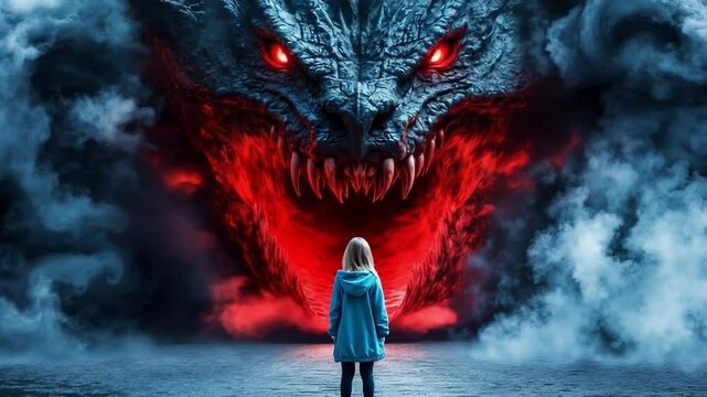 A woman standing in front of a giant dragon with red eyes 02