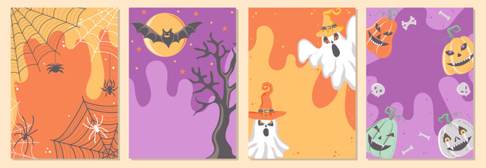 Happy Halloween posters templates with scary pumpkins, ghosts, flying bat and spider webs. Set of empty Halloween decorative design with place for your text. Vector illustration