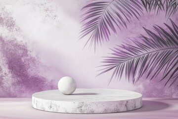 A pale-pink, textured backdrop with a round, white marble platform, a white sphere, and tropical leaves