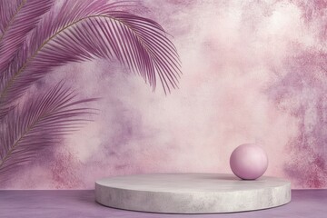 A light gray, round, marble pedestal sits on a dusty rose floor, in front of a muted purple and rose wall with stylized palm fronds. A muted pink sphere rests on the pedestal