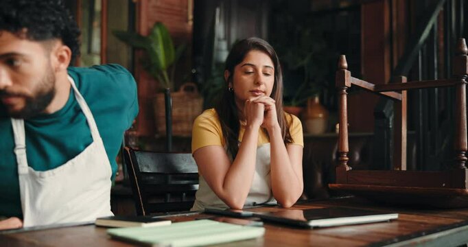 Waitress, team and laptop with stress at cafe for mistake, lost profit or talk with supplier delay. Man, woman and barista with headache, review and frustrated with PC for finance results at diner