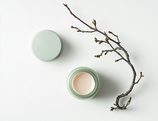 Light-green jar of cream with twig