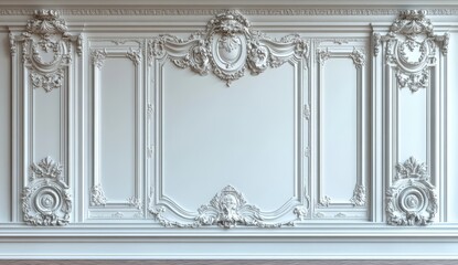 Obraz premium Ornate white wall paneling featuring intricate baroque-style molding and decorative floral and scroll motifs.
