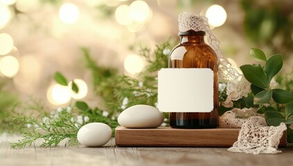 Amber glass bottle with blank label, nestled among greenery and stones on a wooden surface. Soft, bokeh background