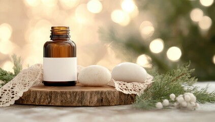 Amber bottle with blank label, two eggs, and natural elements on a wooden slice, soft bokeh background