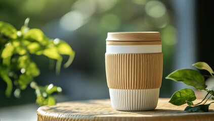 White ceramic travel mug with light brown bamboo lid and sleeve, on a wooden table, outdoors with greenery