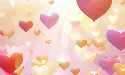 A dreamy Valentine's Day Hearts background, with shimmering pink and red hearts floating gently against a soft, pastel sky - Powered by Adobe