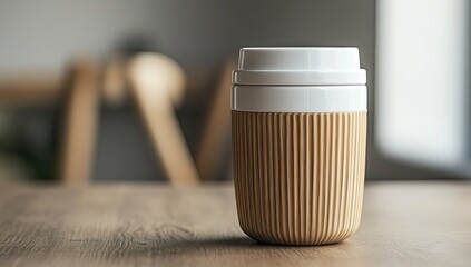 A light beige reusable coffee cup sits on a wooden table, in front of a blurred background of a modern room