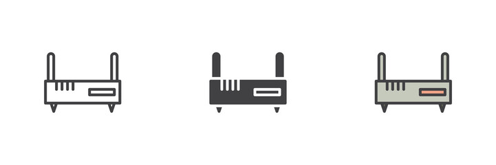 Wi-Fi router icon set in line, solid and filled outline style