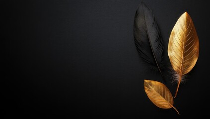 Dark background with black feathers and gold leaves
