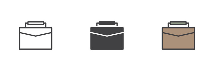 Briefcase icon set in line, solid and filled outline style