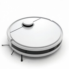 Modern white robot vacuum cleaner isolated on white background. Smart home tech, technology concept. Appliance for automatic floor cleaning, dust removal. Robotic device to automate everyday chores