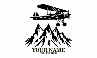 Airplane icon. Airplane logo design, airplane on a mountain vector illustration, small plane icon and small plane silhouette vector style