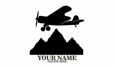 Airplane icon. Airplane logo design, airplane on a mountain vector illustration, small plane icon and small plane silhouette vector style