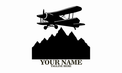 Airplane icon. Airplane logo design, airplane on a mountain vector illustration, small plane icon and small plane silhouette vector style