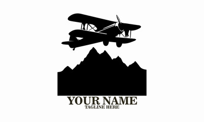 Airplane icon. Airplane logo design, airplane on a mountain vector illustration, small plane icon and small plane silhouette vector style